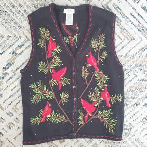 VTG Embroidered Cardinal Vest Christmas Knit Sweater Festive Bird Womens SZ XL